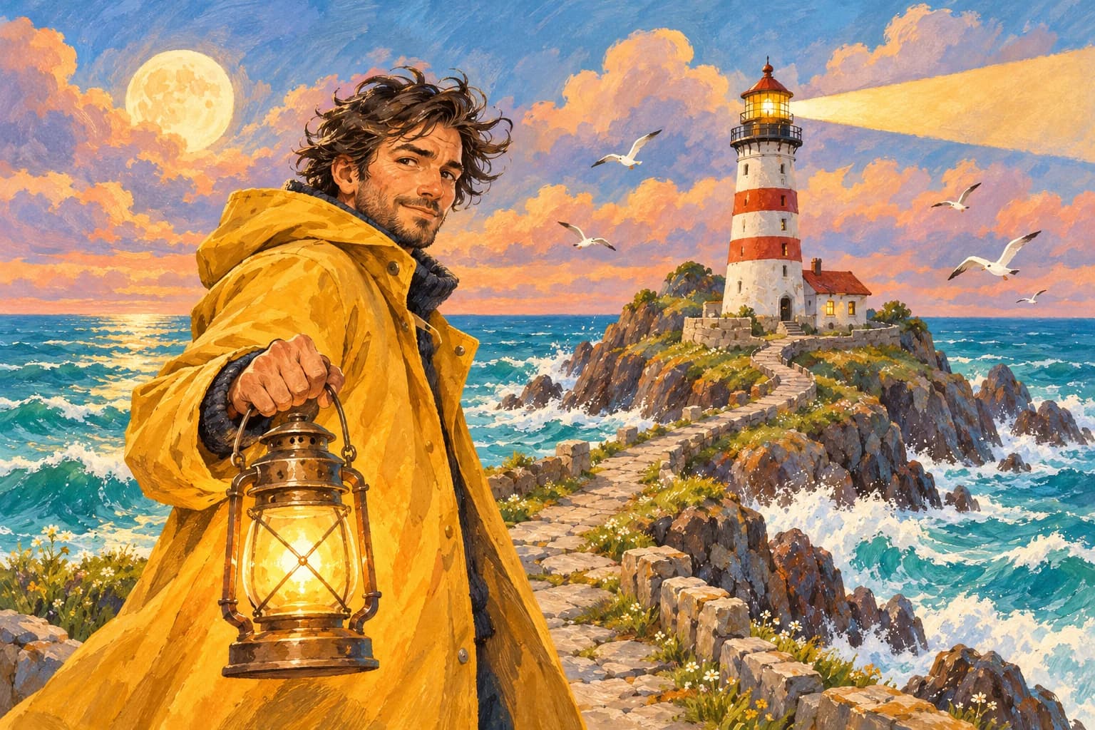 Lighthouse keeper illustrated in storybook style