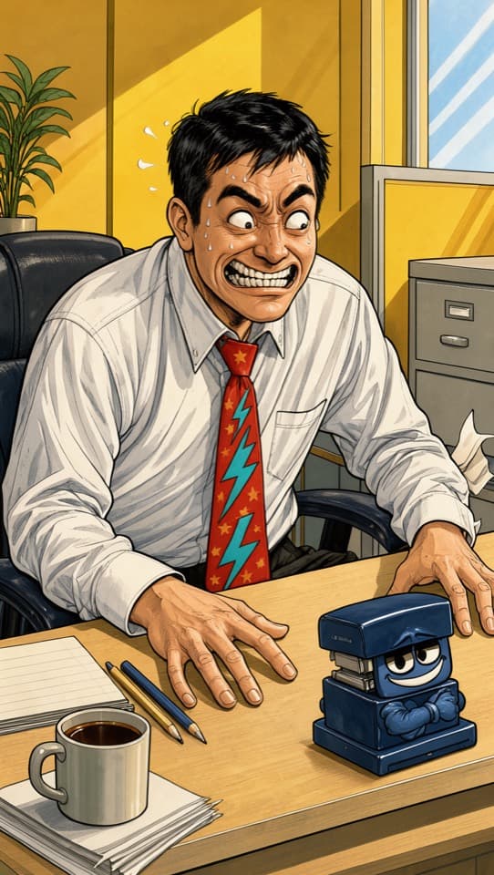 A nervous office worker facing a smug stapler