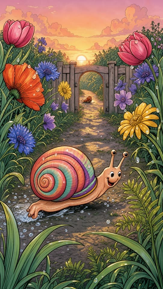 A snail racing through a sunrise garden