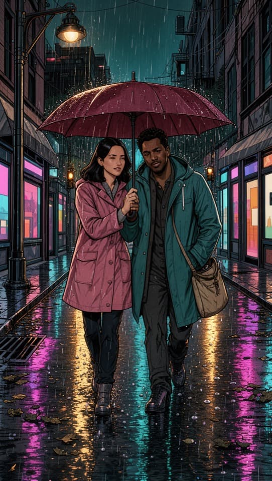 Two people sharing an umbrella in a neon rain