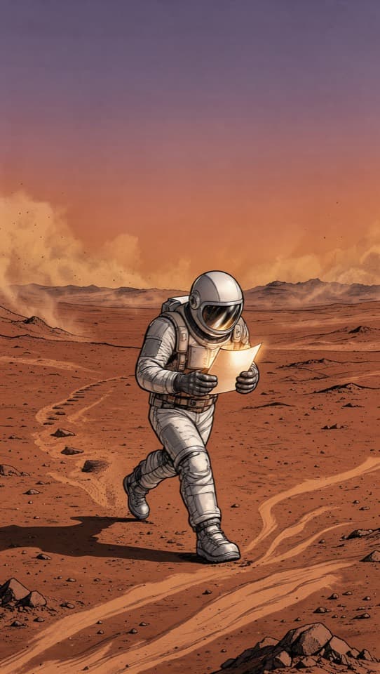 A courier crossing Mars with a glowing letter